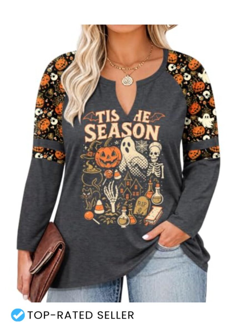 Womens Plus Size Fall Shirts Halloween Thanksgiving Raglan Sleeve Tee Polyester